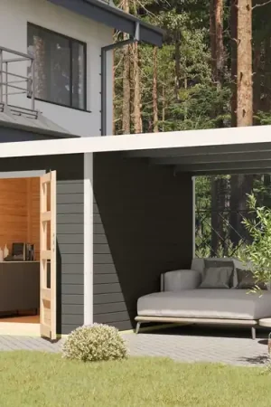 Bestel Nu Tuinhuis Pluto B met Overkapping Antraciet/Wit 571 x 271 cm